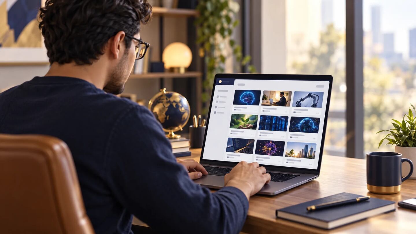 Profesional estudiando en una laptop con cursos de tecnología en un aula virtual